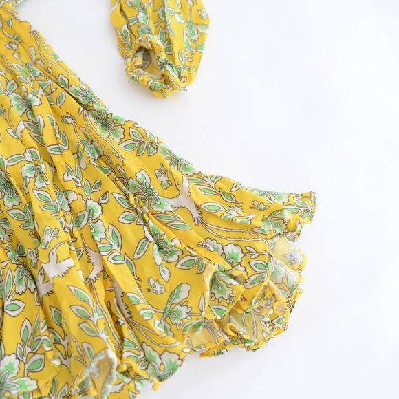 Rhode Resort Ella Printed Long-Sleeve Yellow Floral w Bird Motif Midi Dress M - Picture 5 of 12